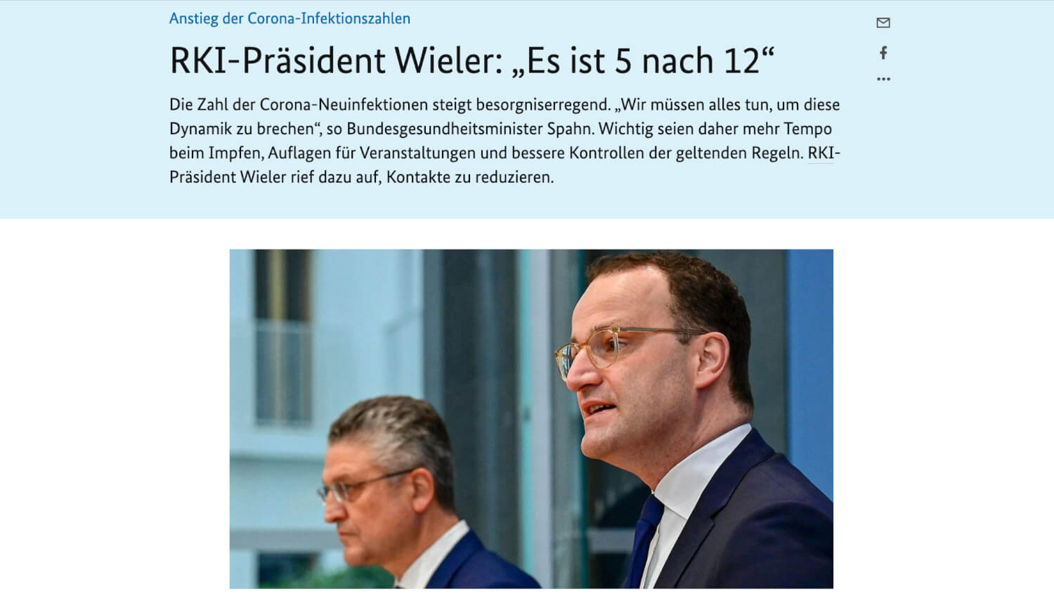 Der Warner und der Ignorierer – Bundesgesundheitsminister Spahn (r.) und RKI-Präsident Wieler verkünden: Die Infektionszahlen steigen sehr stark.