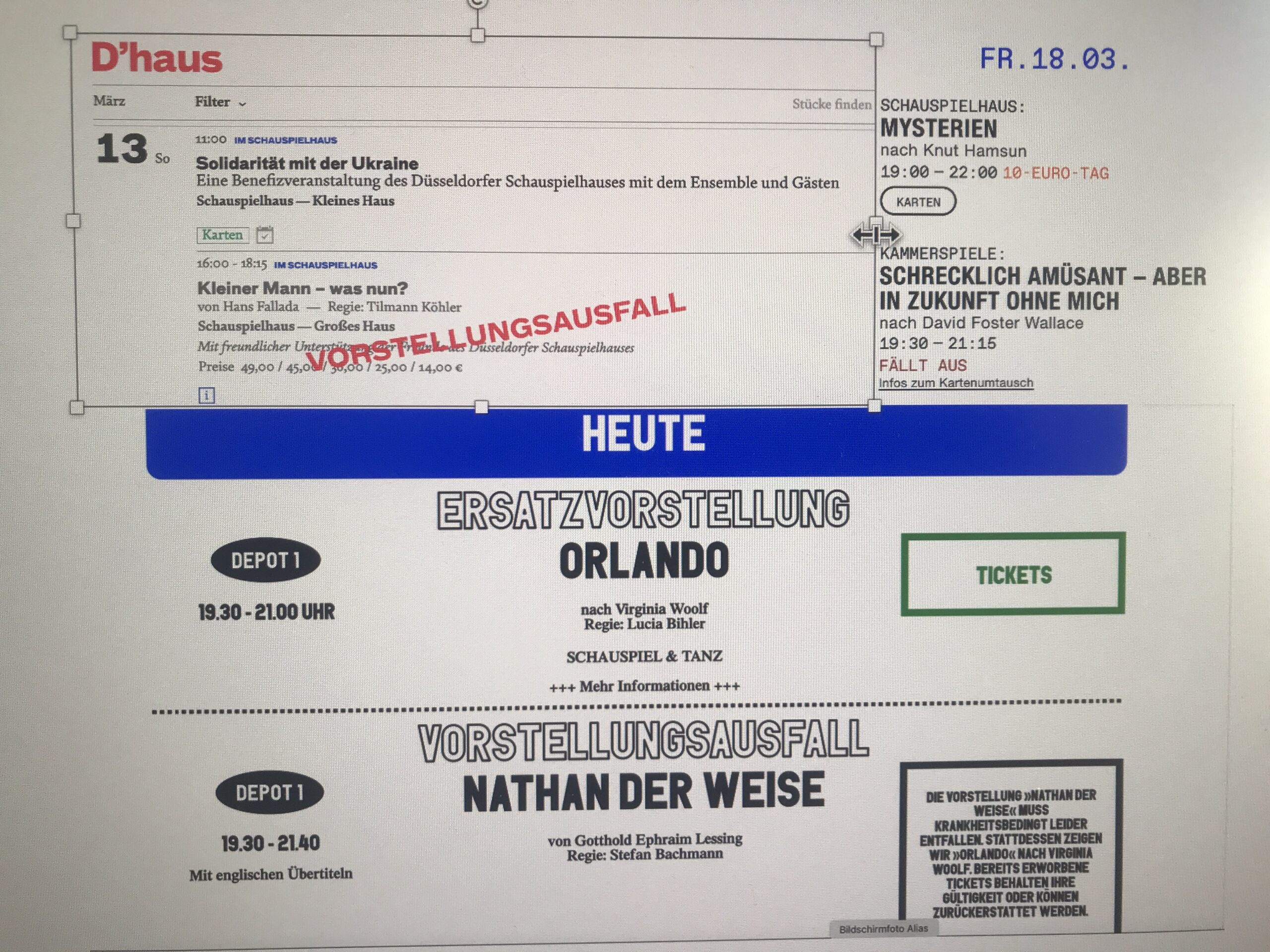 Screenshots der Spielpläne der Schauspielhäuser in Düsseldorf, Bochum und Köln