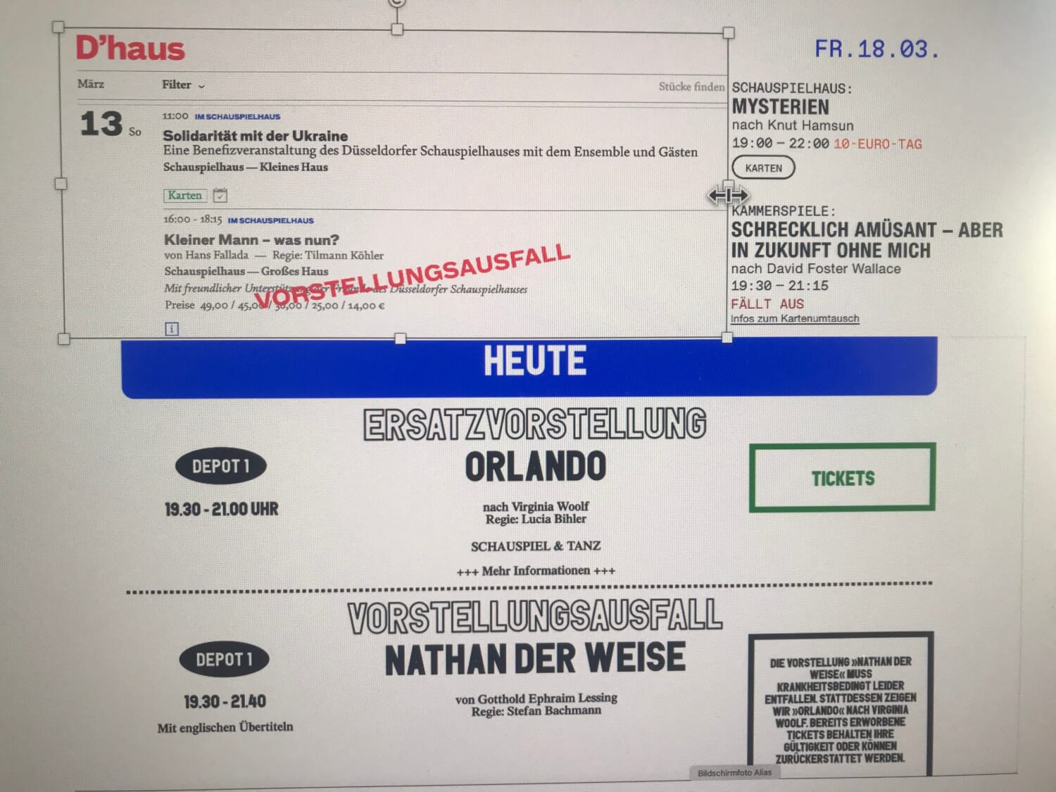 Screenshots der Spielpläne der Schauspielhäuser in Düsseldorf, Bochum und Köln