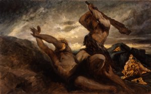 „Kampf der Riesen“, Hans Markart, 1883, Fafner erschlägt Fasolt im Kampf um das „Rheingold“ (rechts)