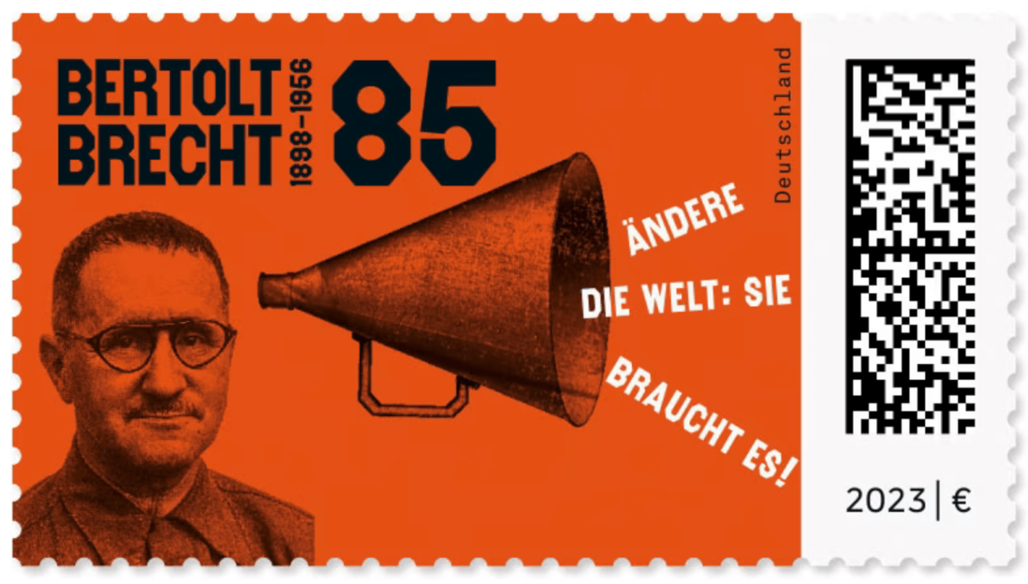 Bertolt Brecht auf einer Briefmarke zum 125. Geburtstag