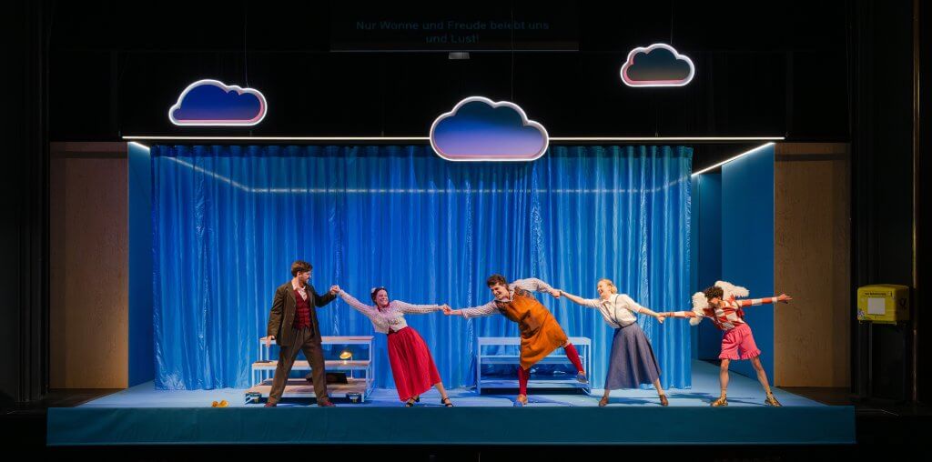 Fünf Personen halten sich an den Armen und beugen sich vor einem blauen Vorhang und unter comichaften Wolken nach rechts.
