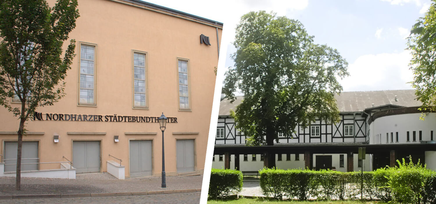 Harztheater_Halberstadt und Quedlinburg Zu sehen ist das Harztheater mit dem Haus in Quedlinburg links und dem Haus in Halberstadt rechts im Bild