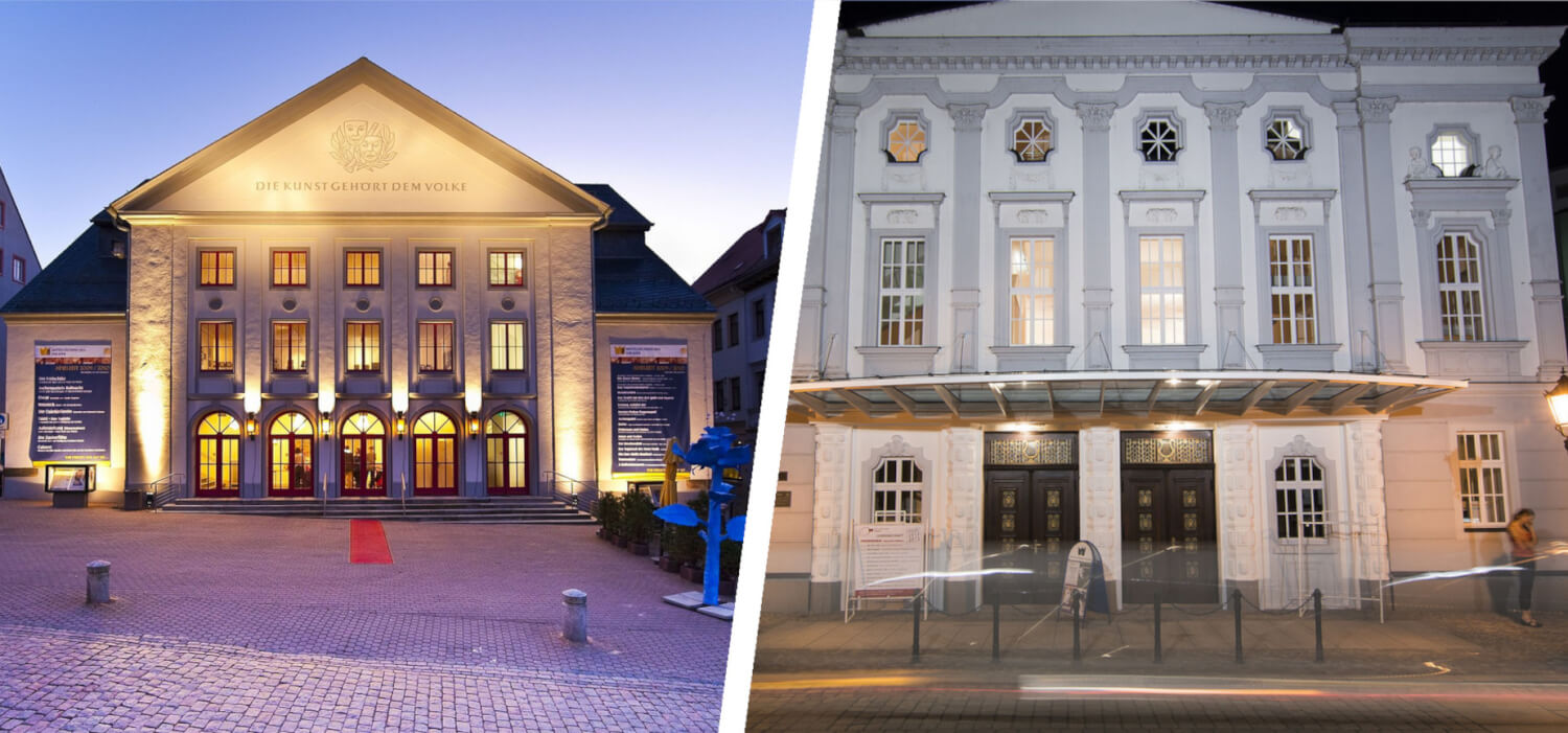 Mittelsächsiches Theater Freiberg und Döbeln Man sieht die Mittelsächsischen Theater Freiberg (links) und Döbeln (rechts).