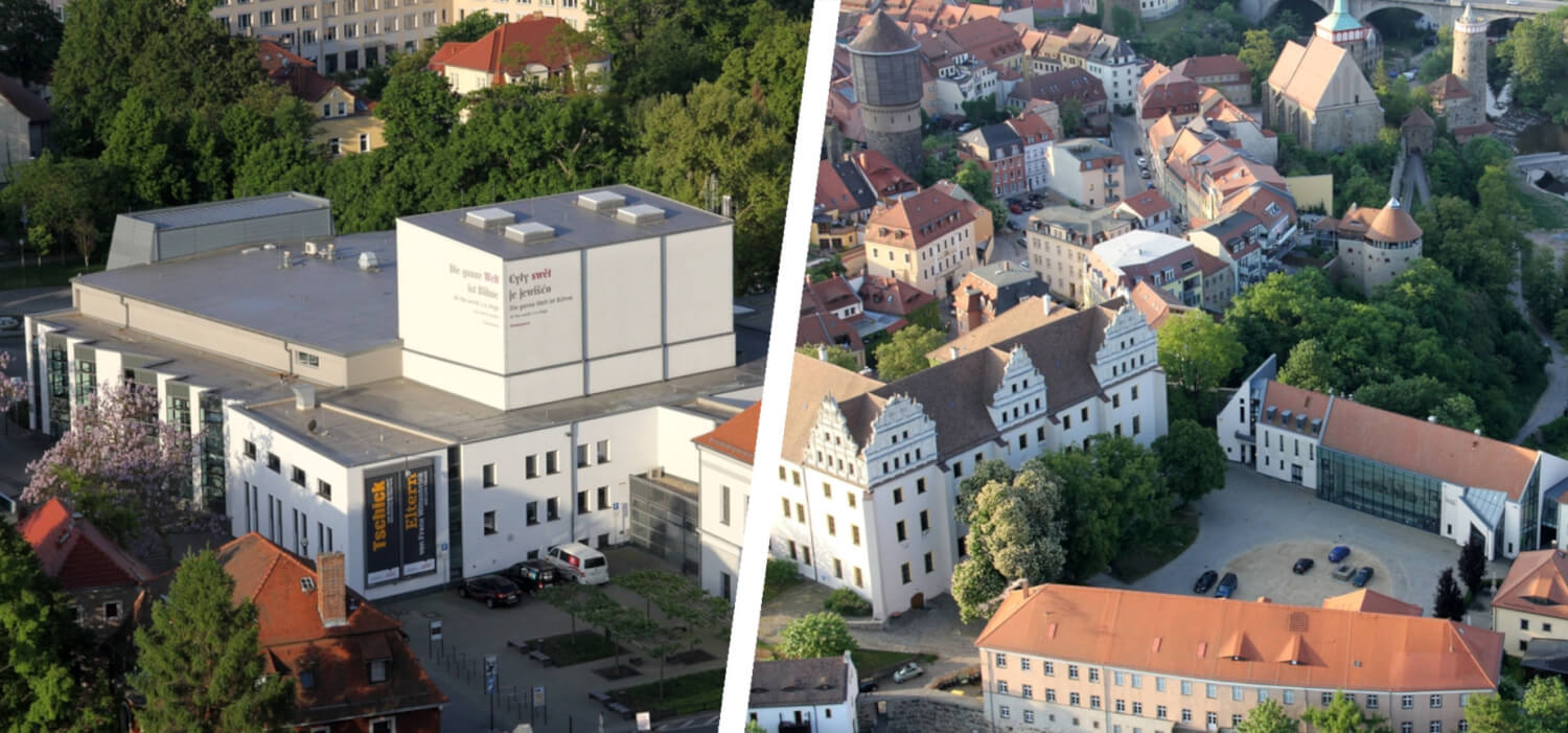 Volkstheater Bautzen und Burgtheater Bautzen Man sieht links das Große Haus des Volkstheater Bautzen und rechts das Burgtheater des Volkstheater Bautzen, beide aus der Luft fotografiert