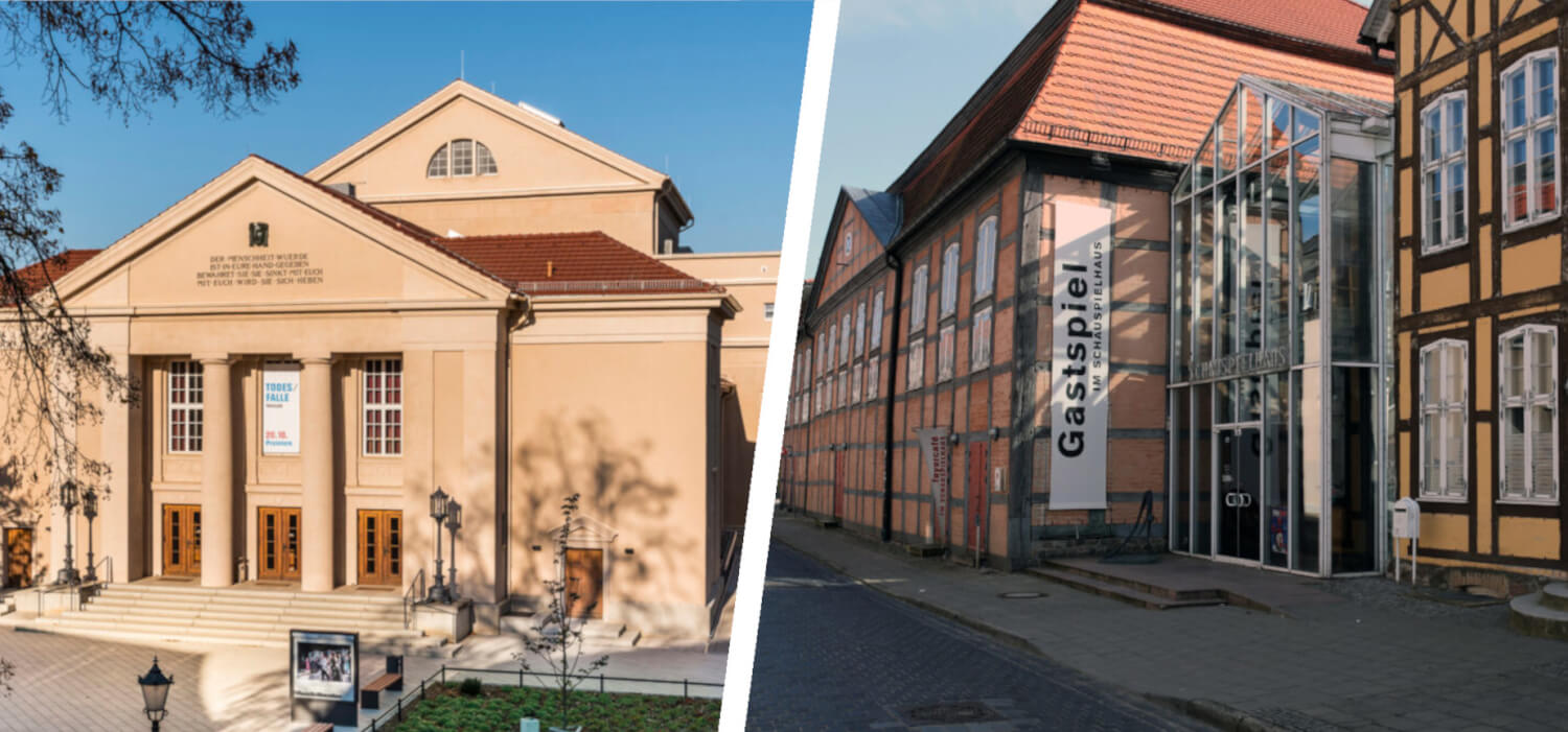 landestheater neustrelitz und schauspielhaus neubrandenburg_2 Man sieht links das Landestheater Neustrelitz und rechts das Schauspielhaus Neubrandenburg
