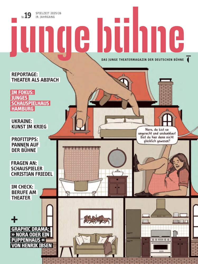 Heftcover, oben steht junge bühne, darunter die Illustration eines Puppenhauses (nach Nora oder Ein Puppenhaus von Henrik Ibsen). Links daneben aufgelistete Themen aus dem Heft