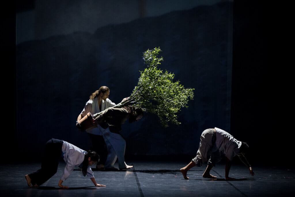 Vier Tänzer stehen in unterschiedlichen Vorbeugungen auf der Bühne. Einer trägt einen kleinen Baum vor sich her.