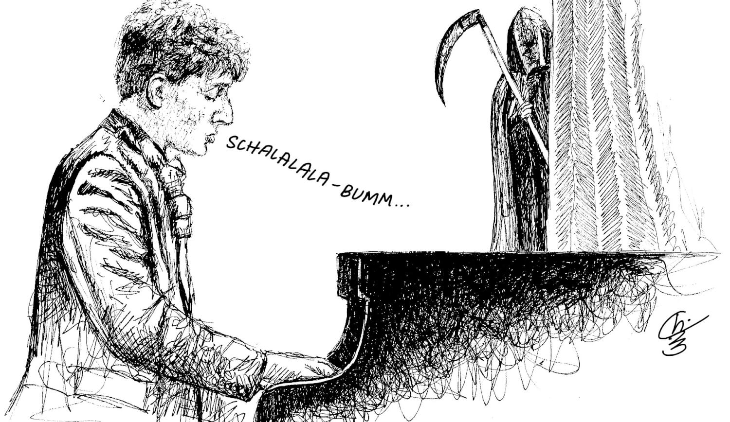 Schwarz-weiß Zeichnung von Charlie Casanova. Ein Mann sitzt am Klavier, im Hintergrund schaut der Sensenmann hinter einem Vorhang hervor.