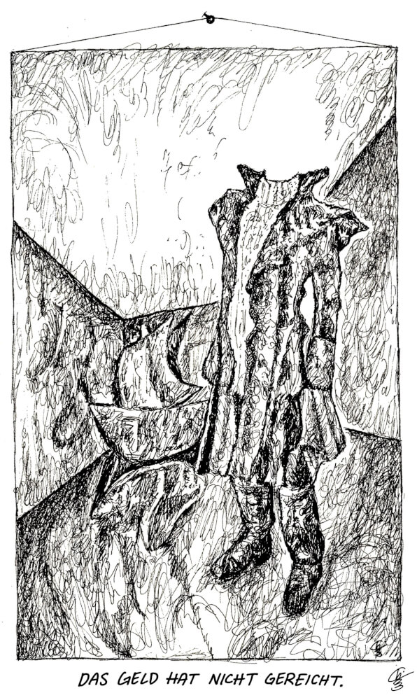 Eine schwarz-weiß-Illustration von Charlie Casanova. Eine Person ohne Kopf steht mit Stiefeln und einem langen Mantel auf einem Untergrund.