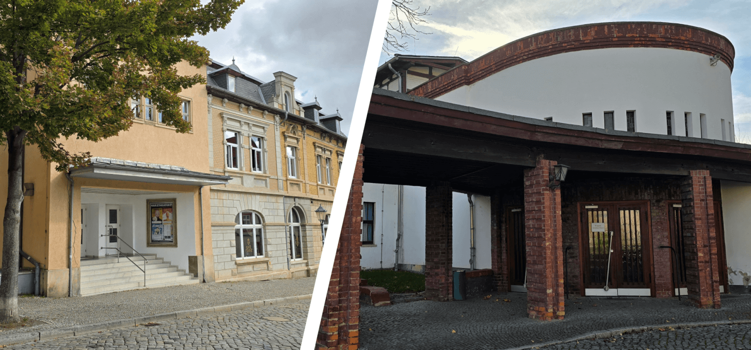 Zu sehen ist das Harztheater mit dem Haus in Quedlinburg links und dem Haus in Halberstadt rechts im Bild