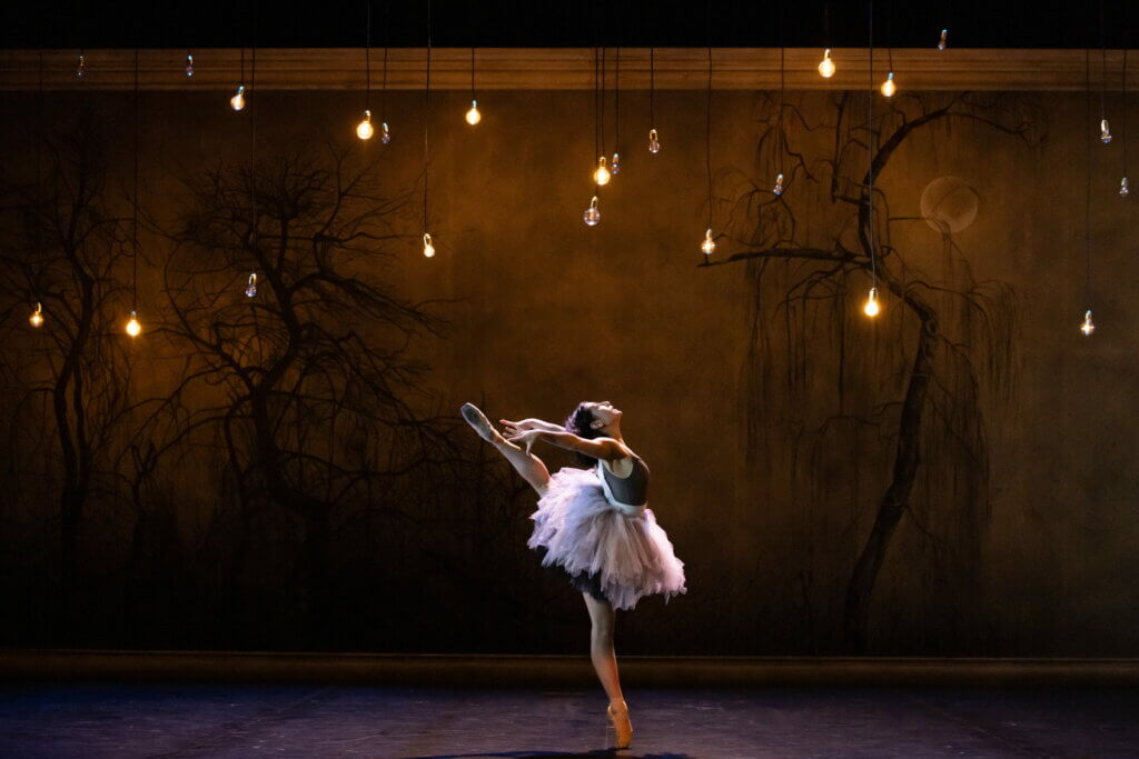 Tänzerin Melina Solkidou als Odette mit schwarzen Bäumen im Hintergrund und vielen einzelnen Birnen über der Bühne.