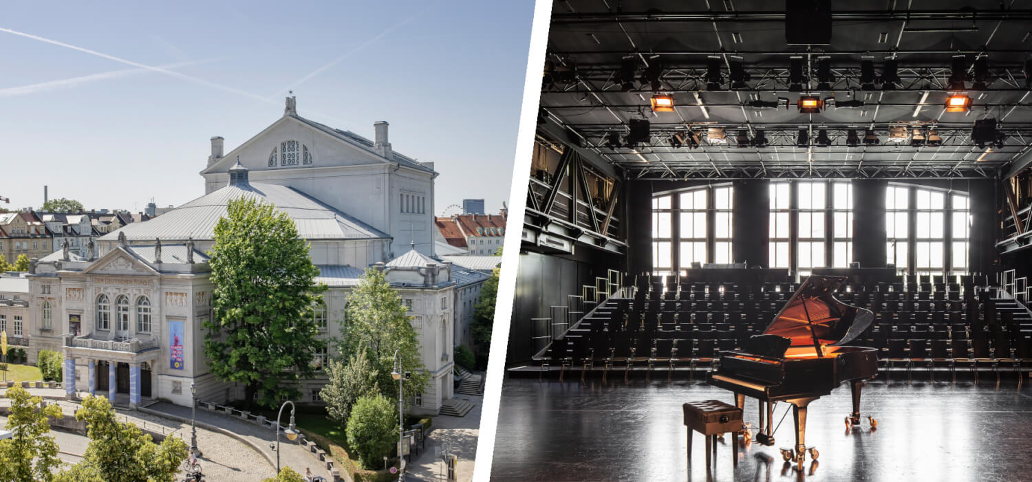 Links das Prinzregententheater, rechts das Akademietheater, Spielstätten der Bayerischen Theaterakademie August Everding