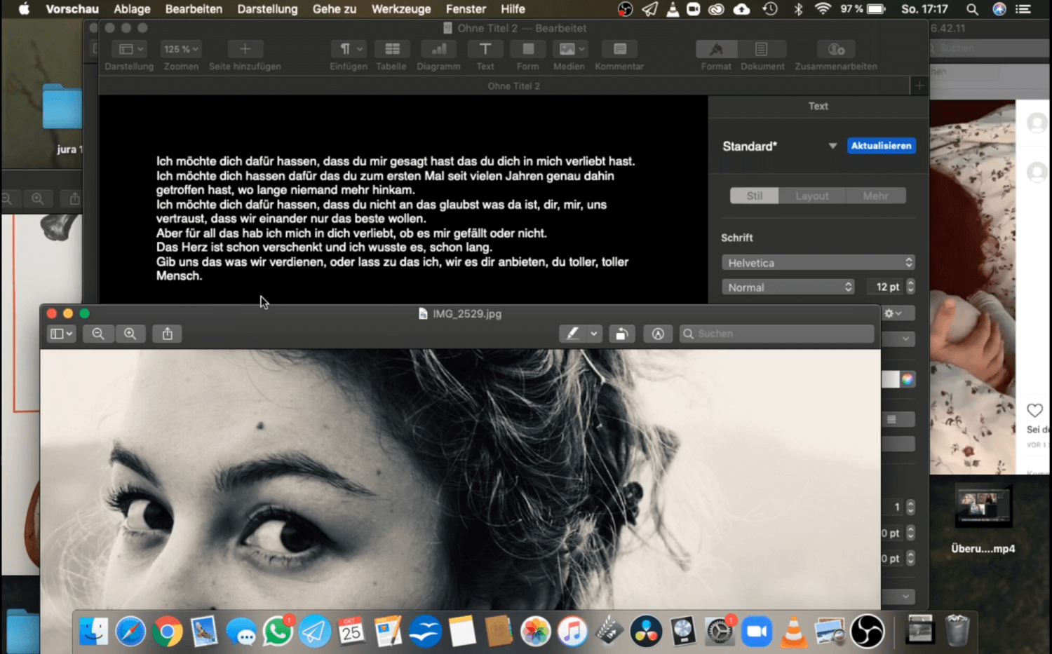 Screenshot von „werther.live“. Mehrere offene Fenster auf einem Macbildschirm. Ein Textfeld, untendrunter eine Nahaufnahme einer jungen Frau.